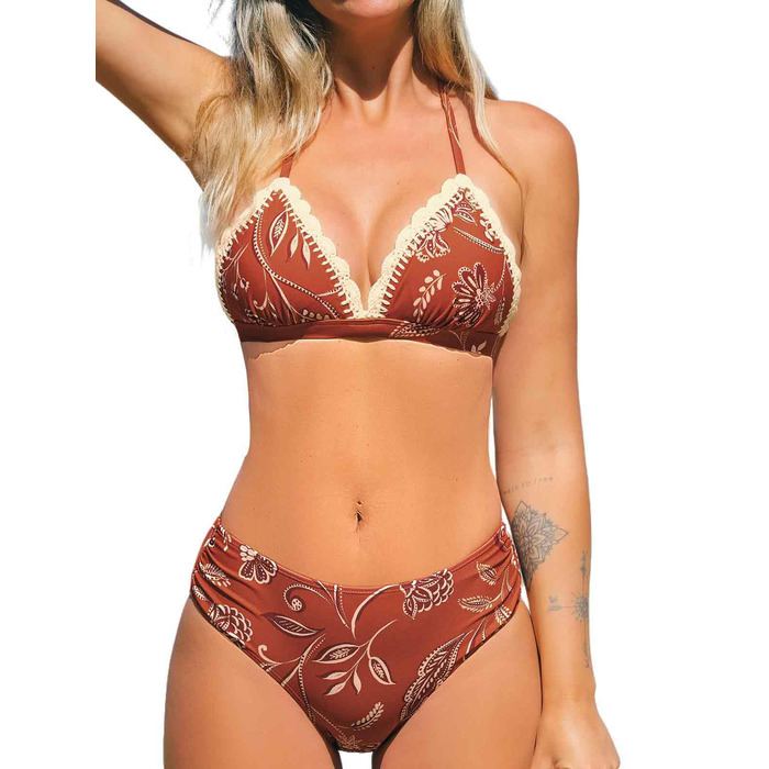 CUPSHE БІКІНІ СЕT: V-подібний виріз, зав'язки на шиї, висока талія, квітковий принт, мереживо, двочастинний купальник