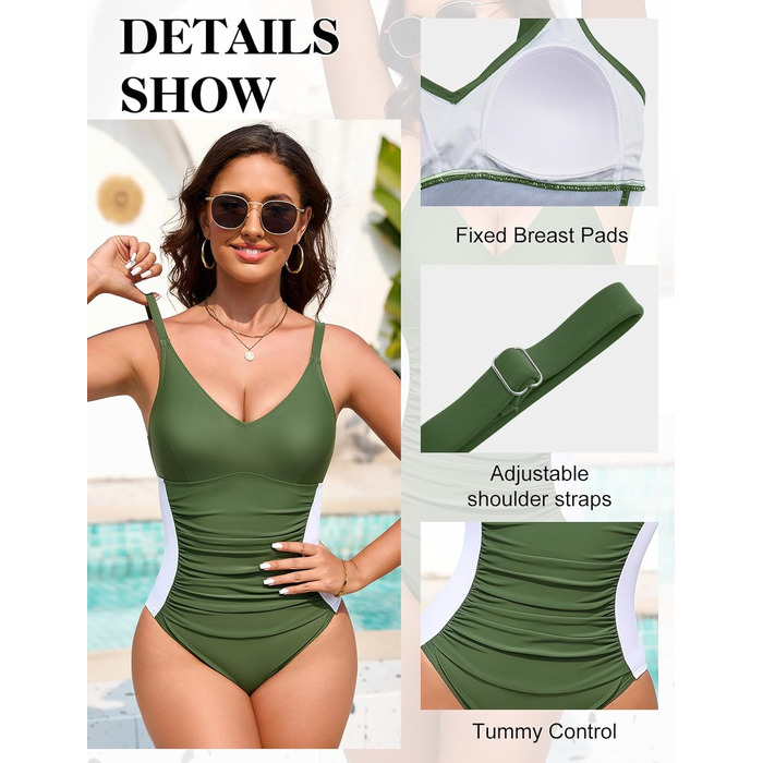 Купальник жіночий Badeanzug, фігуроформний, V-подібний виріз, з регульованими бретелями, збоку таліювання, армійного кольору (S)