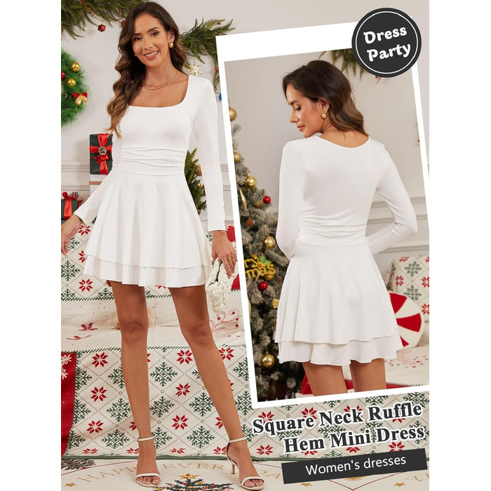 Сукня жіноча квадратним вирізом, елегантна вечірня, коктейльна, bodycon, на короткі/довгі рукави, міні, slim fit, висока талія, з фалдами, біла, розмір M