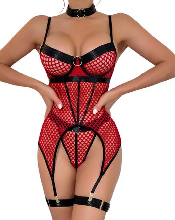 Набір нижньої білизни: готичний боді, стрічки, петлі на стегнах, намисто, без стріжок (M, Червоний)