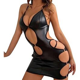 Чорна сукня з еластичної шкіри (латексу) для вечірок та клубів, великі розміри S-M