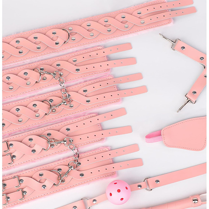 Набір для БДСМ для пар (7 предметів): плюшеві наручники, пов'язка на очі, батіг, пристосування для фіксації рота, іграшки для дорослих (рожевий)