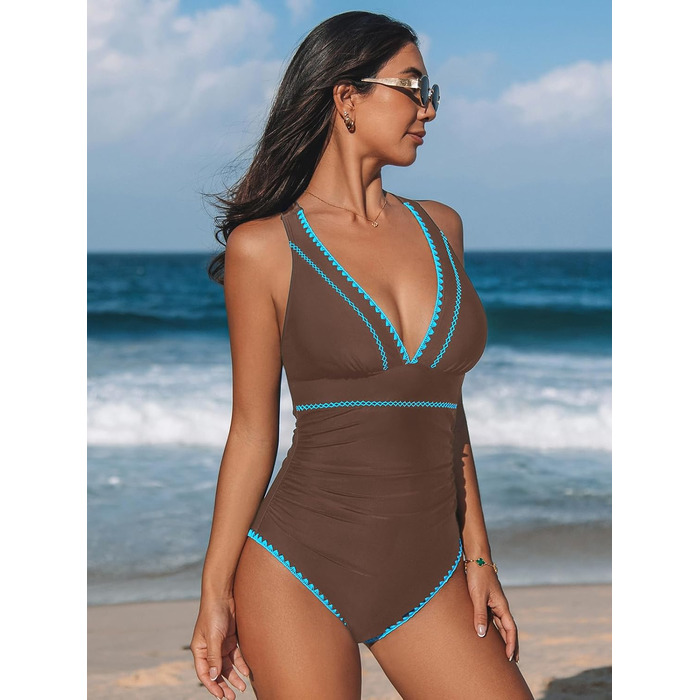 CUPSHE купальник цілісний з V-подібним вирізом, з драпіруванням, регульовані бретелі, перехресні зав'язки, коричневий petrol (XS)