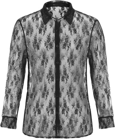 Чоловіча прозора сорочка Detten: мереживна футболка з довгим рукавом, сексуальна клубна сорочка, чорний колір, універсальний розмір (L)