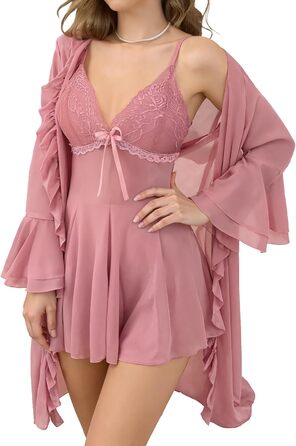 Комплект жіночої білизни AIEOE: мереживний халат-сорочка та нічна сорочка (рожевий, S)