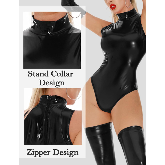 Боді FEOYA для жінок: сексуальний боді з ефектом мокрого блиску, шкіра, без рукавів, для нічного клубу, вечірки, чорний, розмір L