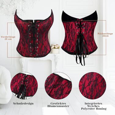 Корсет топ WHIPPY Daen Vollbrust з шнуруванням, готичний Overbust корсет (чорний/червоний, L)