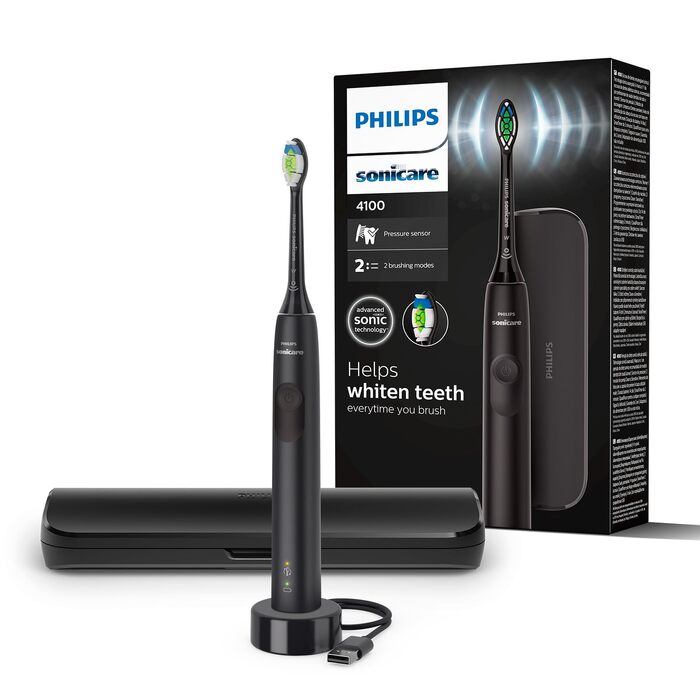 Електрична сонічна зубна щітка Philips Sonicare 4100 HX3683/33 для дорослих, чорна, з насадкою Optimal White, дорожнім футляром та USB-зарядним пристроєм
