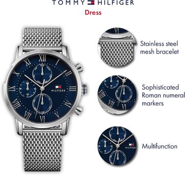 Чоловічий кварцовий годинник Tommy Hilfiger з багатофункціональним циферблатом, сталевий браслет, сріблястий