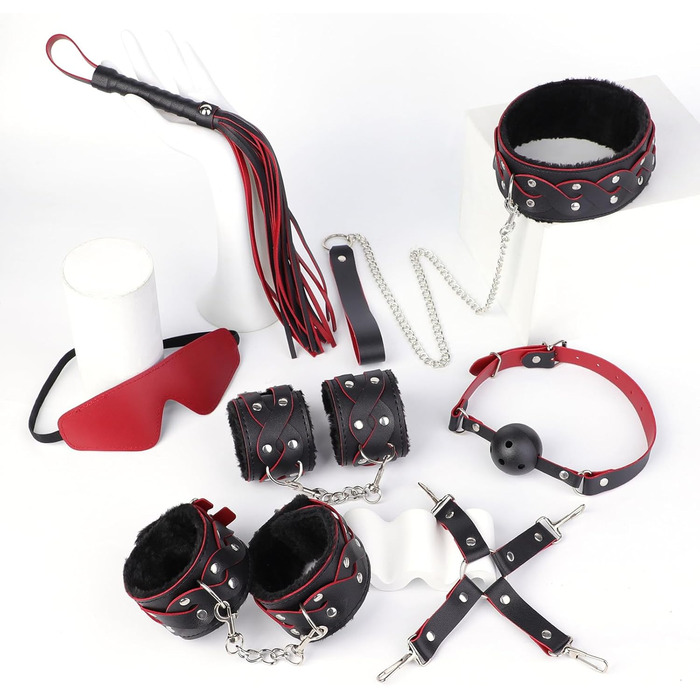 Набір для БДСМ для пар: 7 предметів (плюшеві наручники, пов'язка на очі, батіг, пристосування для фіксації рота, регульовані). Інтимні іграшки для пар (рожевий, чорний)
