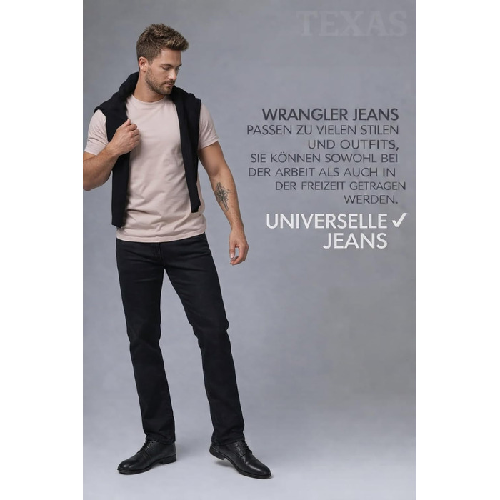 Чоловічі джинси Wrangler Texas Regular Fit Stretch — прямі денімові штани з бавовни, Black Overdye (чорний)