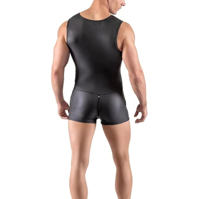 Чоловічий боді з лакової шкіри, облягаючий, з блискавкою та кишенею, для клубу/сцени, чорний, 3XL