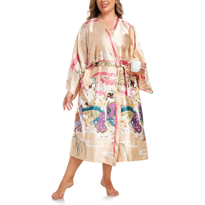 Халат кімоно для жінок, великі розміри, сатин, легкий, японський стиль, плюс сайз, халат для ванни, юката (Sakura Ukiyoe Champagne, XXL)