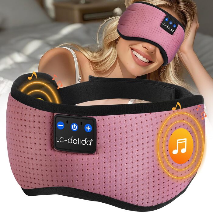 Маска для сну з Bluetooth-навушниками LC-dolida V5.4, дихаюча бавовняна пов'язка на очі з мікрофоном для подорожей, йоги та медитації, HiFi звук, 15 год роботи (Рожева)