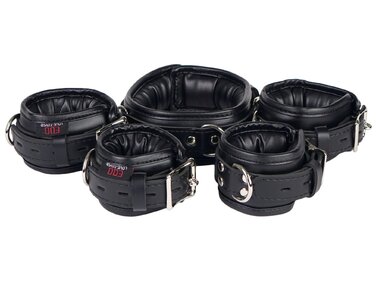 Набір наручників для бондування з шкіри, чорний: наручники, феттери, шийна пов'язка