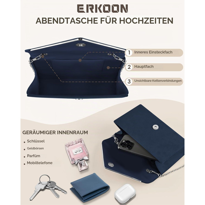 Жіночий вечірній клатч ERKOON для весіль та вечірок, сумка-портмоне з імітації замші зі знімним ланцюжком (Блакитний)