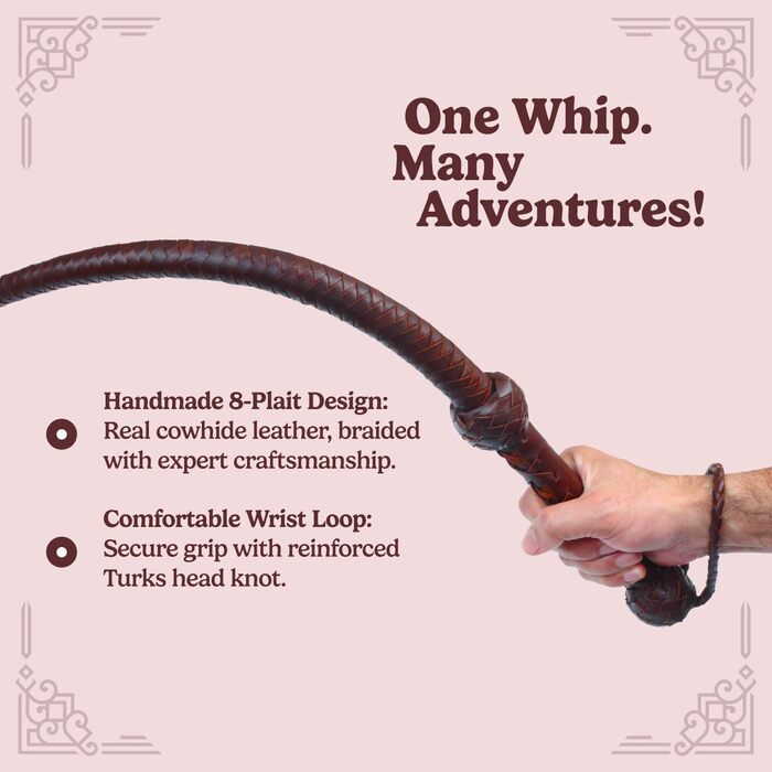 Справжня шкіряна батогом з бичачої шкіри, 8 футів, 8 плетінь, стиль Індіани Джонса, темно-коричневий
