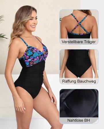 Купальник жіночий Halcurt з животом, з чашками, збоку виріз, монокіні - XXL (Чорний/Кольоровий)
