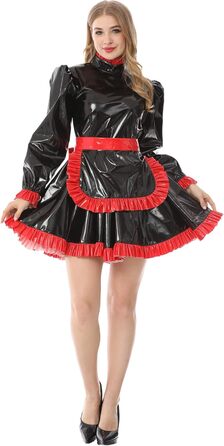 Костюм горничної JOLINE з високим коміром з ПВХ шкіри, чорний, XXL. Костюм для перевдягання, французький стиль