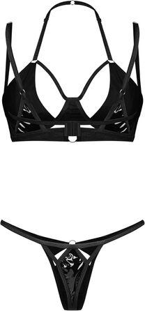 Сексуальний жіночий комплект нижньої білизни Selente Love & Fun 4-5 частин: бюстгальтер, корсетний пояс, стрінги, мереживні панчохи та шовкова маска для очей, чорний, ефект латексу, Made in EU, S-M