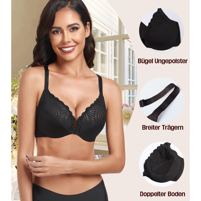 Чорний бюстгальтер BH 85C для великих грудей, класичний, з підтримкою, квітковий принт, без пуш-ап, закритий спереду