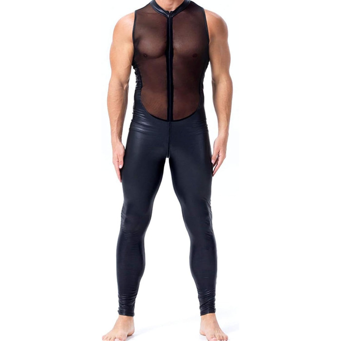 Боді з латексу для чоловіків, чорний, XL. Латексний костюм з сіткою, цілісний, з довгими рукавами, для клубів, штучна шкіра.
