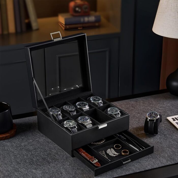 Бокс для годинників ProCase на 8 слотів, 2 рівні, футляр для зберігання годинників зі скляною кришкою та знімними подушками, чорний