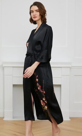 Шовковий халат-кімоно Ledamon для жінок, 100% шовк, квітковий дизайн, універсальний розмір, чорний колір