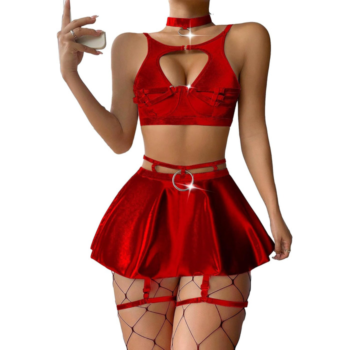 Сексуальний комплект білизни Lilosy: колготки, чокер, ремінець, бюстгальтер з підпружиненою чашкою, спідниця (5 шт.)