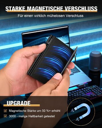 Чоловічий шкіряний картхолдер dwnkove Slim Wallet: смарт-гаманець з Pop-Up механізмом, RFID захистом, відділенням для монет та вікном для ID, Carbon Design