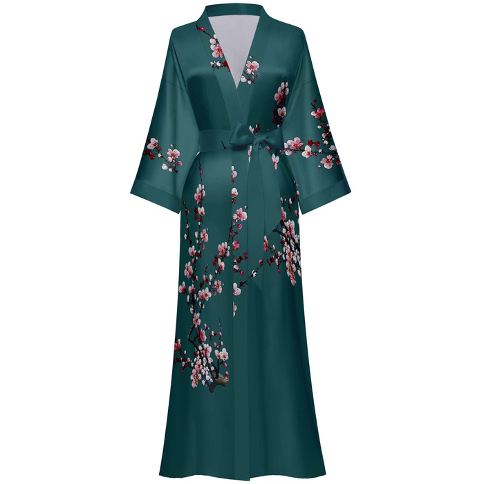 Жіночий халат з довгим рукавом з шовку та атласу з квітковим принтом (сливові квіти, темно-зелений)