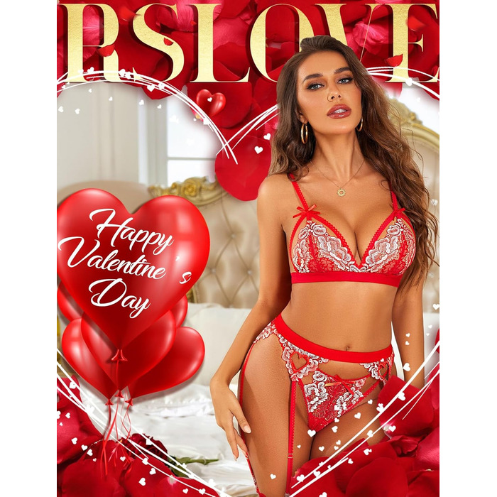 RSLOVE Комплект нижньої білизни Daen Dessous: мереживний тіло, стрінги та топ - чорний, червоний, білий (L, Red Remix White)