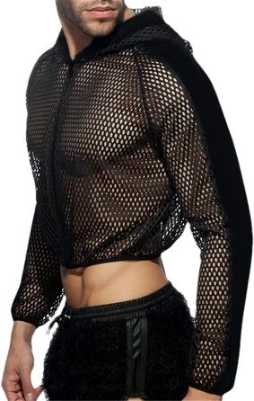 Чоловіча майка з сітки, кроп-топ з капюшоном, прозора, на блискавці, сексуальний, повсякденний стиль, футболка, одяг у стилі стрітвір, розмір 5XL, чорний колір