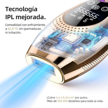 IPL-епілятор для дому з охолодженням 6°C, пристрій для видалення волосся з 999 900 імпульсами, 9 рівнів енергії, автоматичний та ручний режими для обличчя, тіла та бікіні-зони (Золотий)