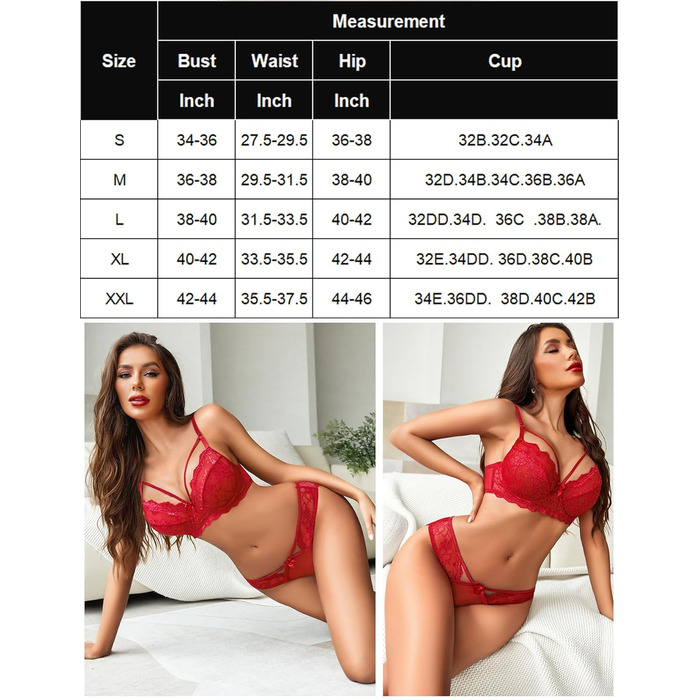 Avidlove Комплект жіночої білизни з мережива, сексуальний бюстгальтер з кісточками та трусики Push up, мереживний комплект, сексуальна білизна, вишуканий вигляд, червоний, XXL