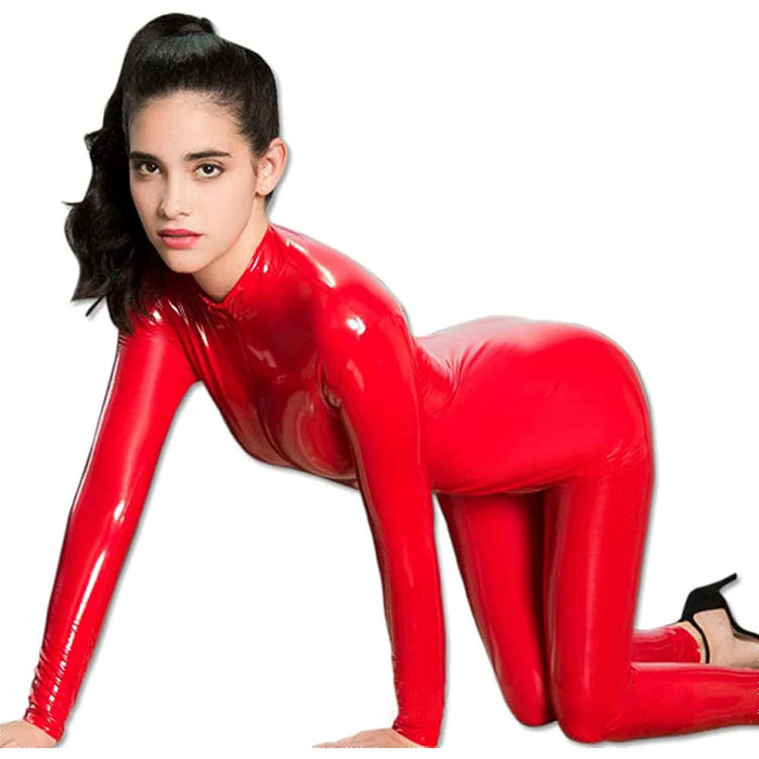 Латексний комбінезон WNRLL з відкритим декором та блискавкою, чорний, XL, червоний