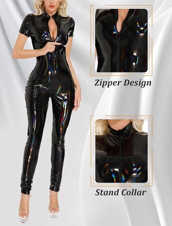 Комбінезон латекс чорний, жіночий, облягаючий, з короткими рукавами, для клубу, XS-XL