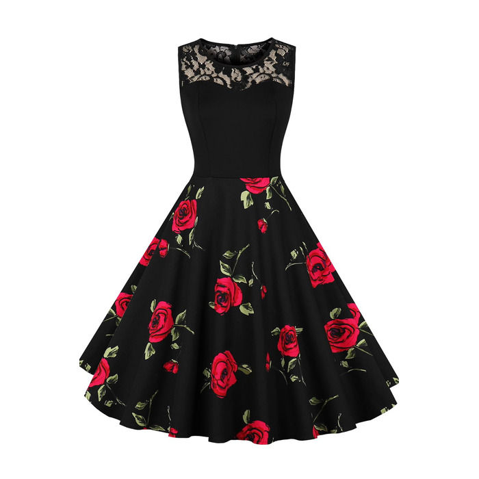 Сукня жіноча вінтажна в стилі рокабілі 50-60-х років, квіткова з мереживом, без рукавів, святкова, елегантна для повних жінок, весілля XL, колір 1b