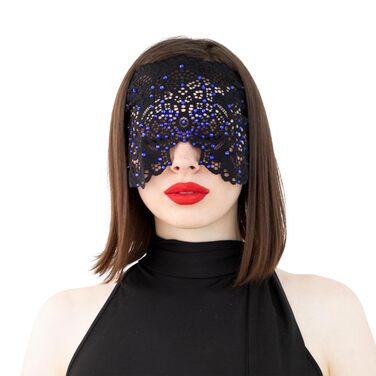 Ручна вишита мереживна маска на обличчя з каміння для жінок, чорна маска для маскараду, балу, карнавалу, весілля, бурлеску, косплею, Марді Гра (чорний колір з блакитними камінцями)