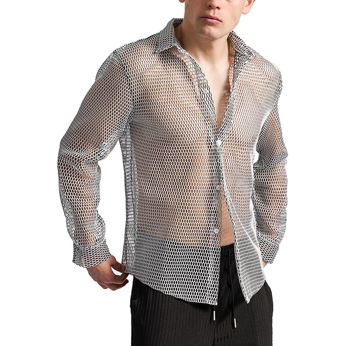 Чоловіча сітка-сорочка AIEOE: прозора сорочка з сітки, ідеальна для вечірок та свят, сірого кольору (S)