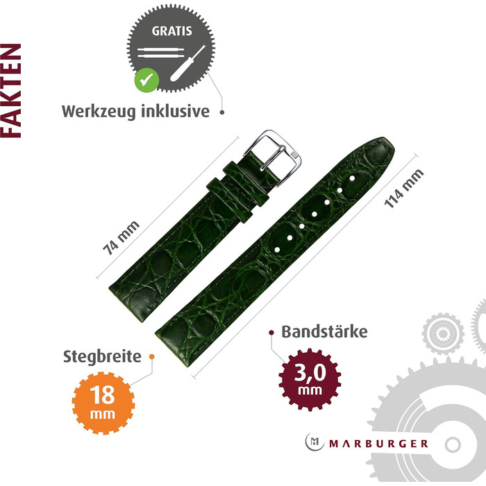 Шкіряний ремінець для годинника MARBURGER 18мм під крокодила (Caiman) з прошивкою, зелений/срібло, з набором інструментів для монтажу 52918