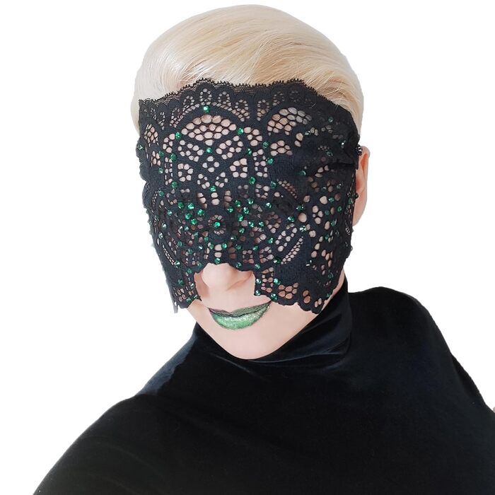 Ручна вишита мереживна маска на обличчя з камінням для жінок, чорна маска для маскараду, балу, карнавалу, весілля, бурлеску, косплею, Марді Гра (чорний колір, зелені камінці)