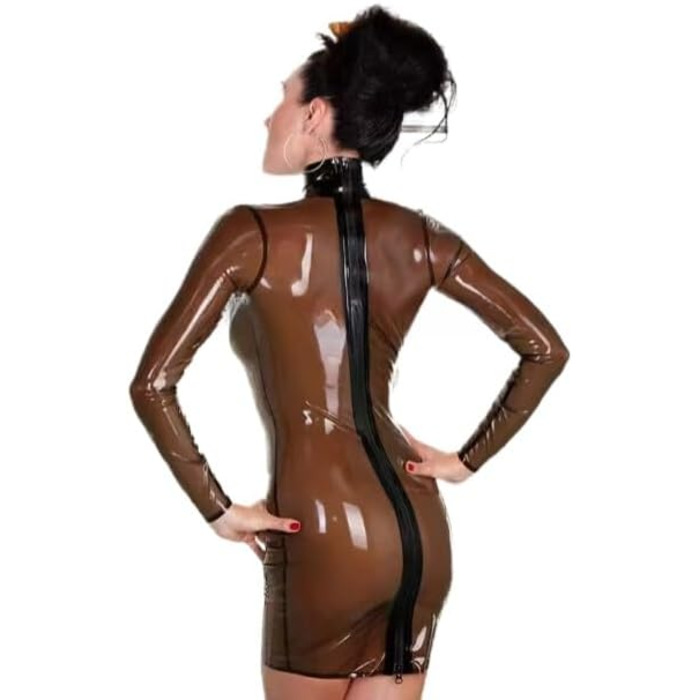 Латексний комбінезон з довгим рукавом, чорний, з чорною обшивкою, міні спідниця, високий комір, блискавка ззаду, XXL