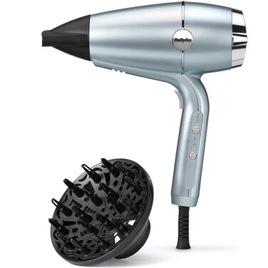 Професійний іонний фен BaByliss Hydro-Fusion 2100W з дифузором та концентратором, плазма-технологія для блиску та гладкості волосся, 3 режими температури, 2 швидкості, синій, D773DE