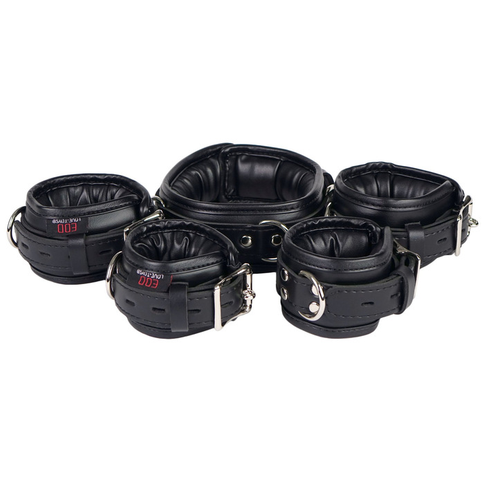 Набір наручників для бондування з шкіри, чорний: наручники, феттери, шийна пов'язка