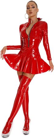 Латексна сукня для дорослих: коротка сукня Wetlook, латексна сукня, сексуальна білизна, латексний костюм, сукня з довгим рукавом, латексні панчохи, міні-сукня, еротичні костюми, червоний, XL