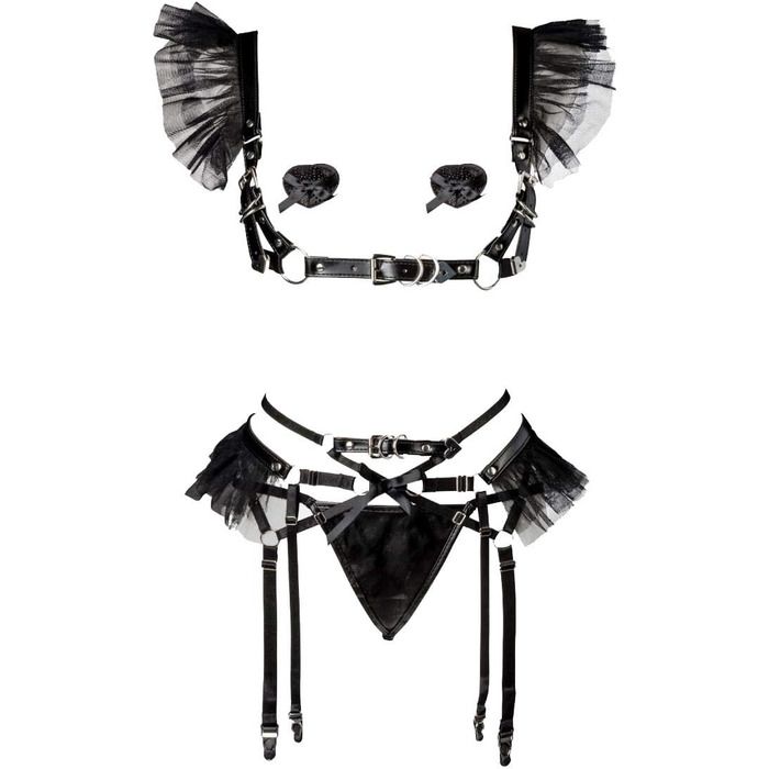 Чорний комплект еротичної білизни з велюру, 4 частини, L-XL