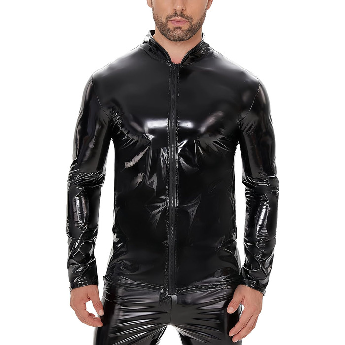 Чоловіча куртка з латексу/штучної шкіри Ausing: сексуальний мокрий ефект, slim fit, з блискавкою, для вечірок, танців, рейв, чорний, XL