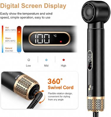Набір стайлера для волосся 5 в 1 з LCD-дисплеєм 1000W: іонний фен, щітка для об'єму, вирівнювання та завивки, 3 режими температури, чорний