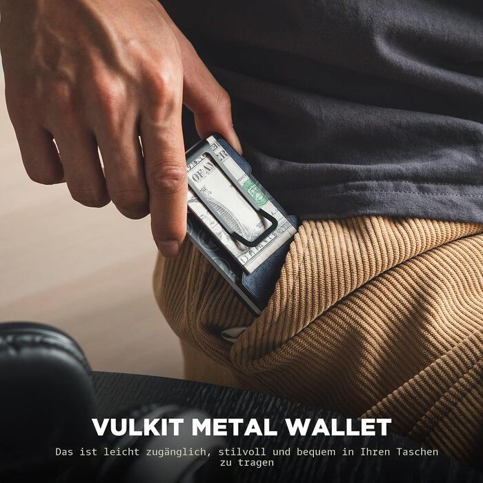 Шкіряний чоловічий картхолдер VULKIT з металевим затискачем для грошей, Slim Wallet з RFID-захистом для 12-15 карток, темно-синій ретро-колір